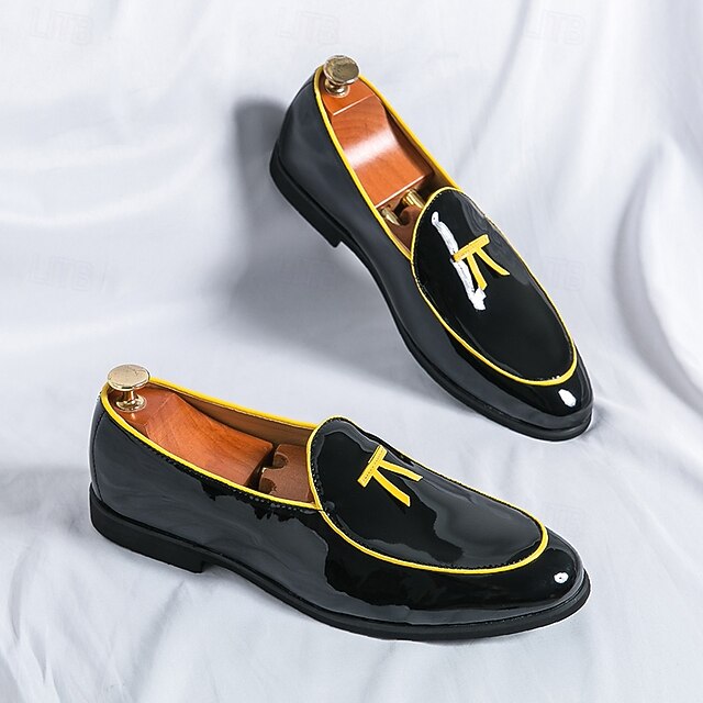 Patent Faux with Trim Loafers Yellow Men's Leather Black