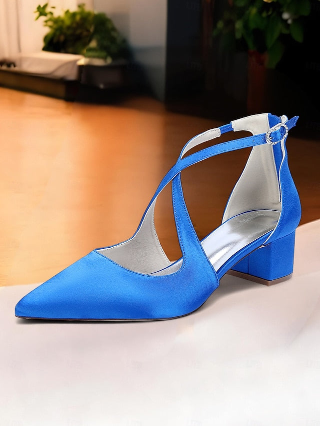 - Block Heels Women's Elegant Toe Pointed Ivory Satin