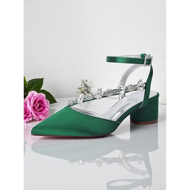 Block Pumps Heel Purple with Satin Rhinestone Women's