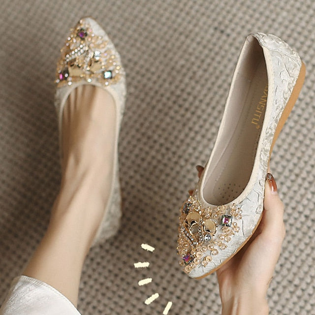 Floral Embellished Women's Flats - Foldable Wedding Crystal