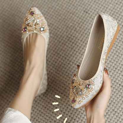 Floral Embellished Women's Flats - Foldable Wedding Crystal