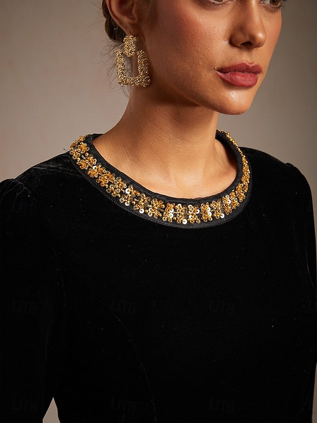 Women's Velvet Blouse Beaded Elegant Crew Neck Regular Tops