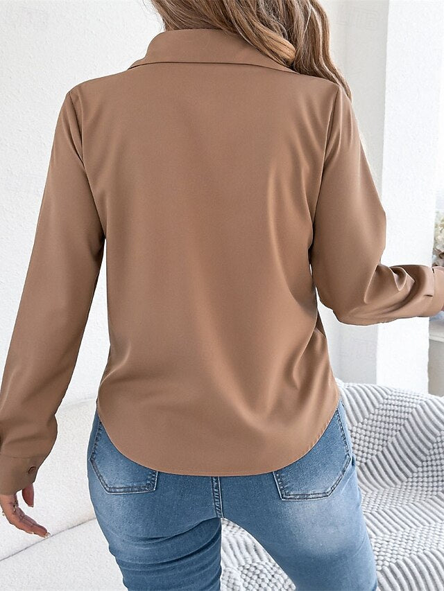 Women's Blouse Dressy Tops Ruched Patchwork Buttons Plain