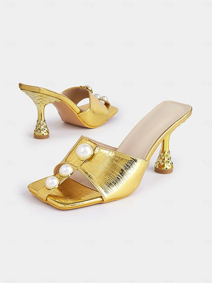 for Women Detailing with – Pearl Gold Open-Toe Elegant Mules
