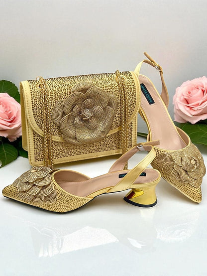 Gold Matching Women's Pumps Rhinestone with Slingback