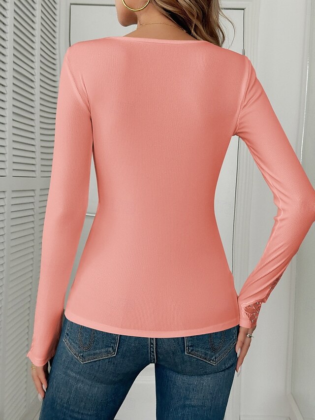 Women's Blouse Lace Trim Solid Color Elegant Stylish Basic