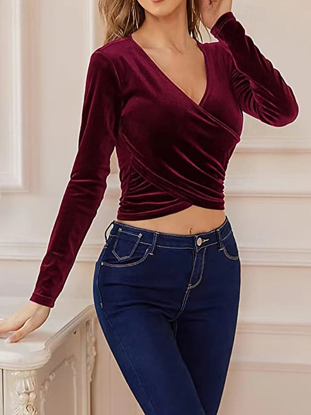 Women's Velvet Elegant Dressy Blouse Ruched Plain Elegant