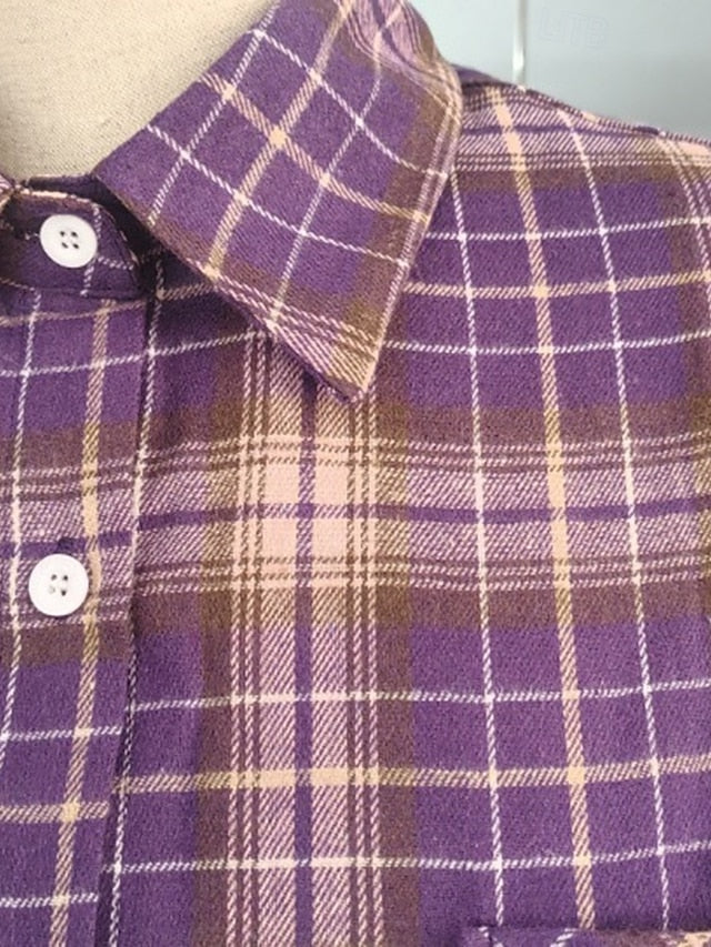 Women's Shirt Pocket Buttons Plaid Elegant Bohemia Vintage