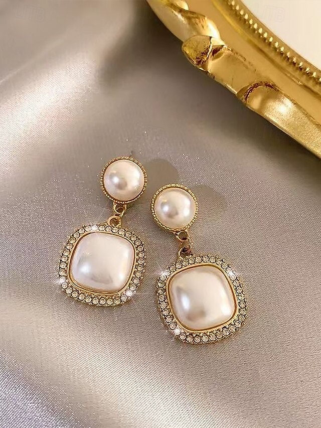 Gold-Plated Elegant with Rhinestone – Earrings Pearl Detailing