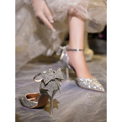 Silver Women's Toe Heels Pointed Glitter Bow Sparkly -
