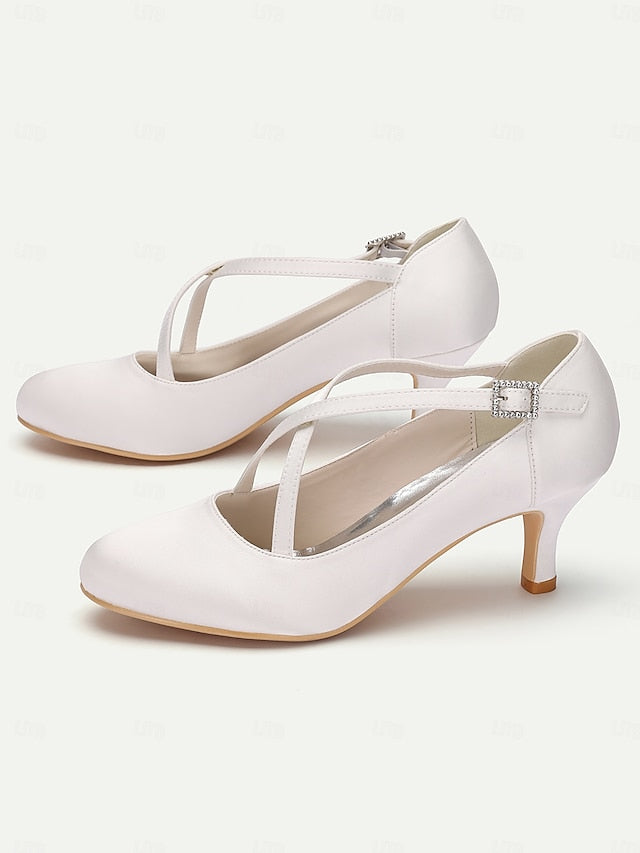 Cross-Strap Buckle Elegant – Satin Rhinestone with Heels White