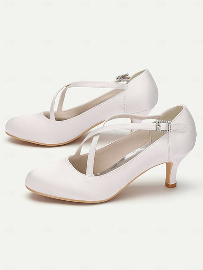 Cross-Strap Buckle Elegant – Satin Rhinestone with Heels White