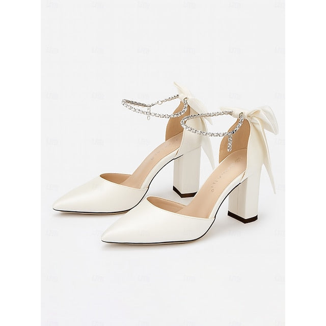 Heel Women's Pumps Ankle Toe Satin Pointed - Elegant Block