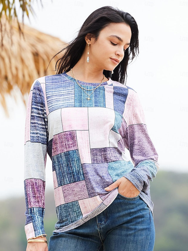 Women's T shirt Crew Neck Long Sleeve Tunic Floral