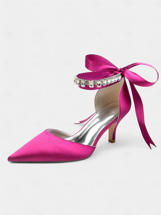 with Rhinestone Satin Ankle and Heels Pointed-Kitten Blue Strap