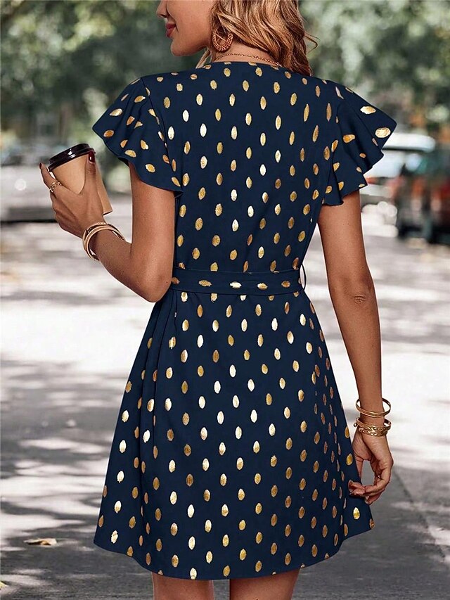Women's Casual Dress Polka Dot Zipper Print V Neck Mini