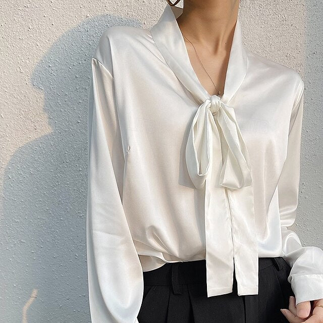 Satin Solid Women's Shirt Buttons Top Elegant Silk