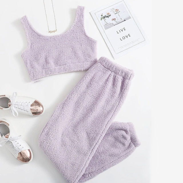 Solid Fuzzy Lounge Set Warm Tank Crop Top & Elastic