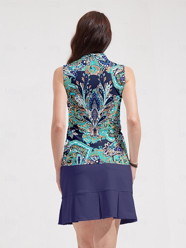 Women's Golf Polo Shirt Dark Navy Sleeveless Top Paisley