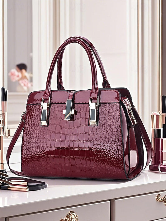 Women's Burgundy Patent Faux Leather Handbag - Croc