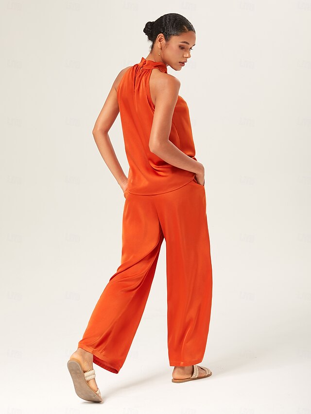 Orange Stand Collar Wide Leg Pants Set