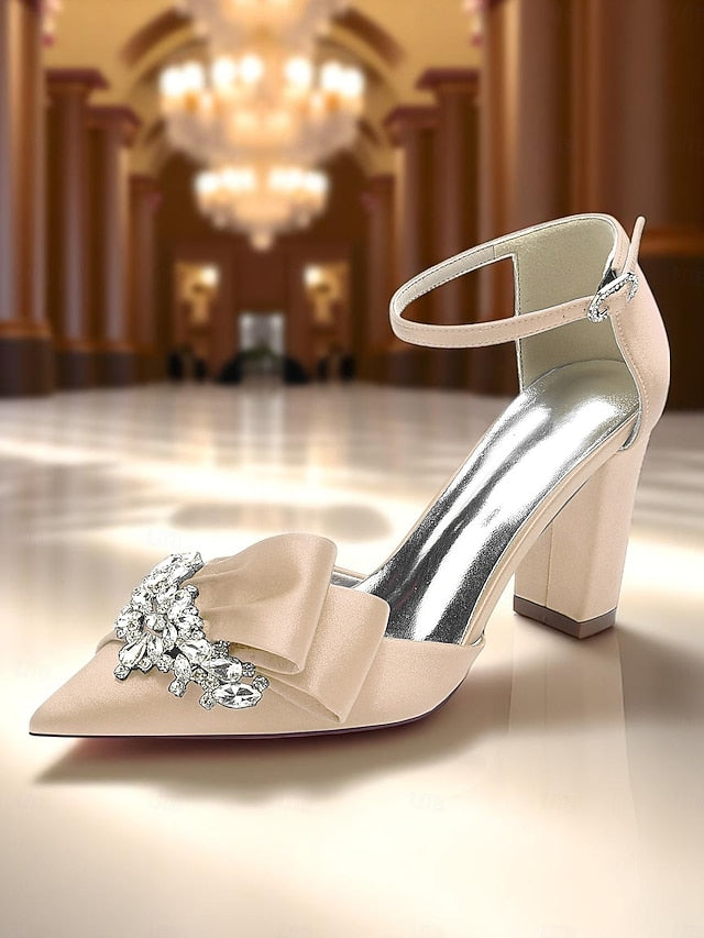 Bow Pumps with and Heel Satin Crystal Women's Block