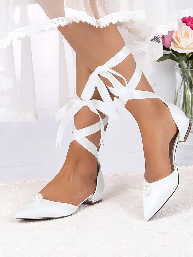 Satin Toe Embellished Pearl - Flats Pointed Women's Navy