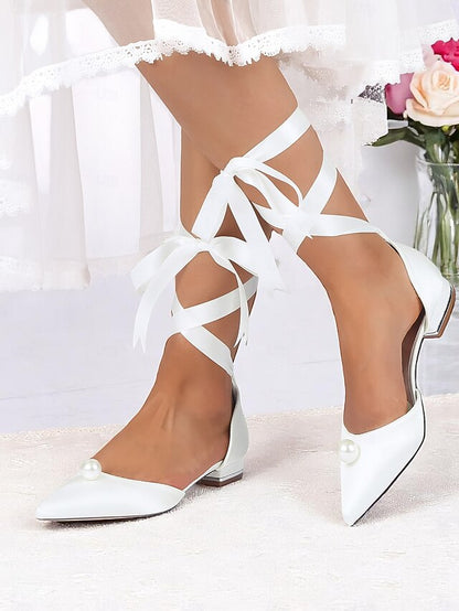 Satin Toe Embellished Pearl - Flats Pointed Women's Navy