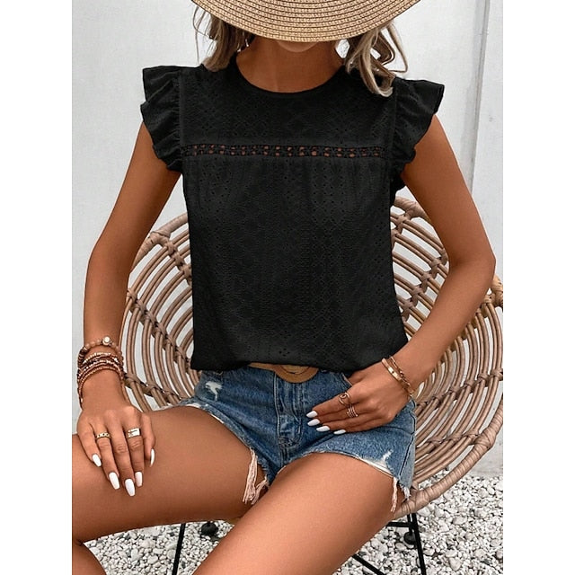 Women's T Shirt Tee Top Ruffle Eyelet Plain Fashion Stylish