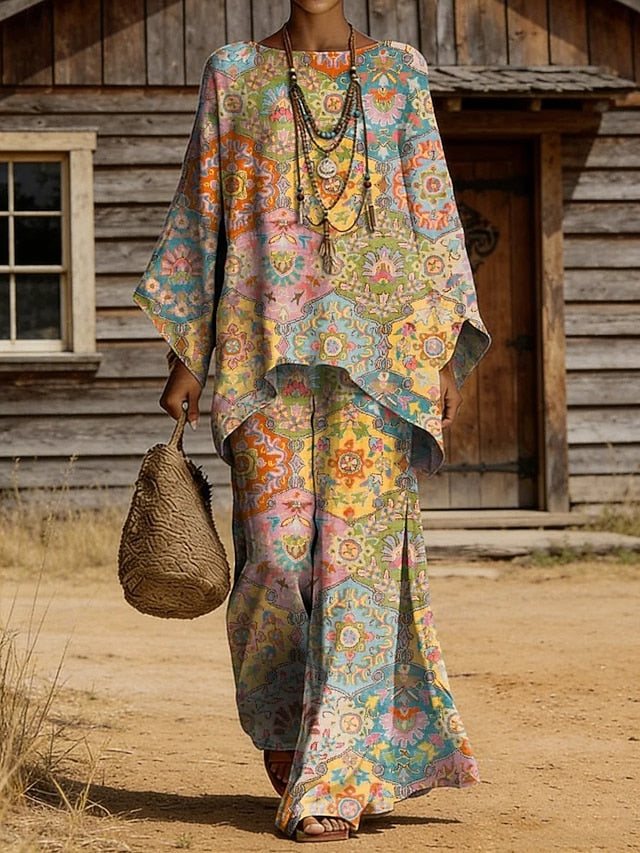 Women's Pants Sets Long Sleeve Round Neck Floral Graphic