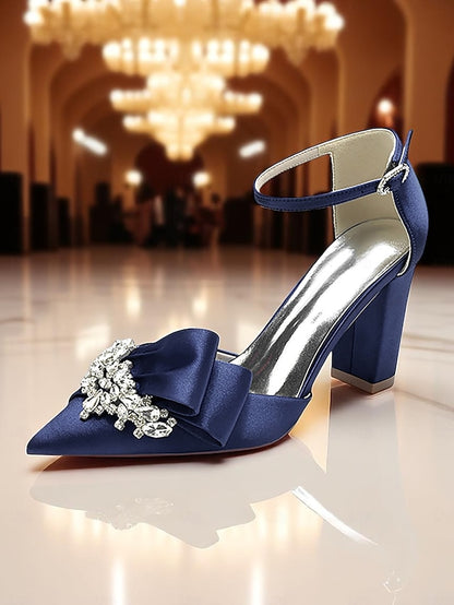 Bow Pumps with and Heel Satin Crystal Women's Block