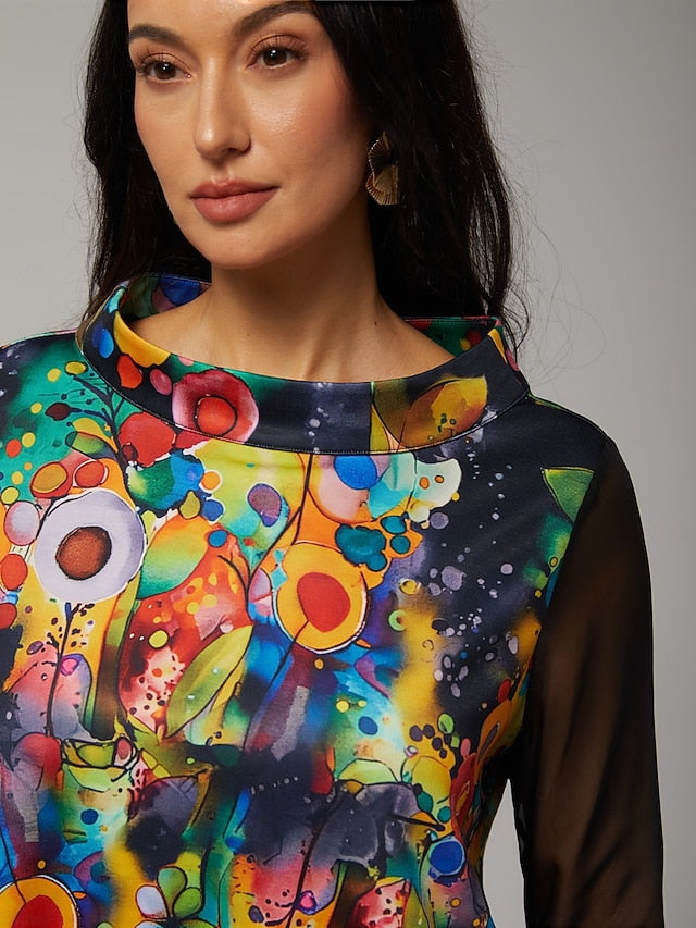 Women's Blouse Black Floral Print Stretch Chiffon Sleeves