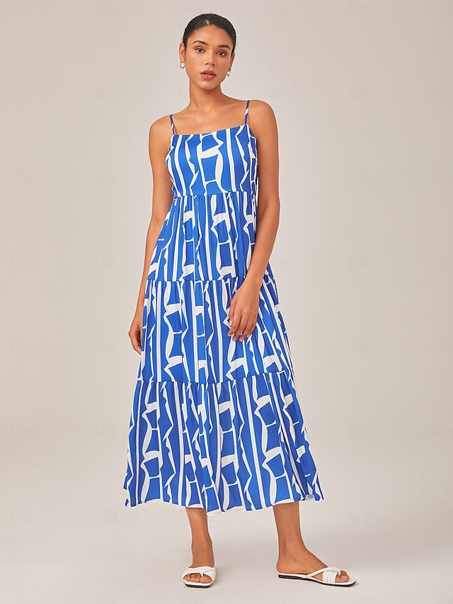 Blue Geometric Pattern Spaghetti Strap Dress