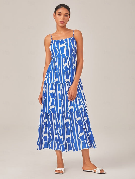 Blue Geometric Pattern Spaghetti Strap Dress