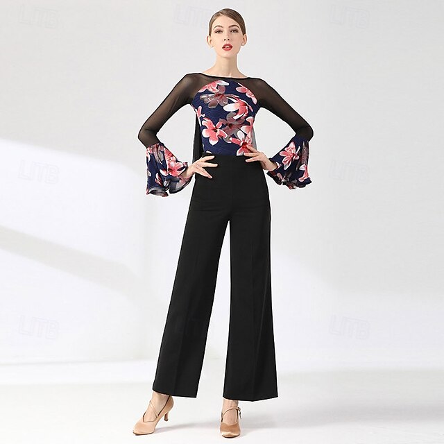 Floral Bell Dance Mesh Women's Ballroom Splice Sheer Top