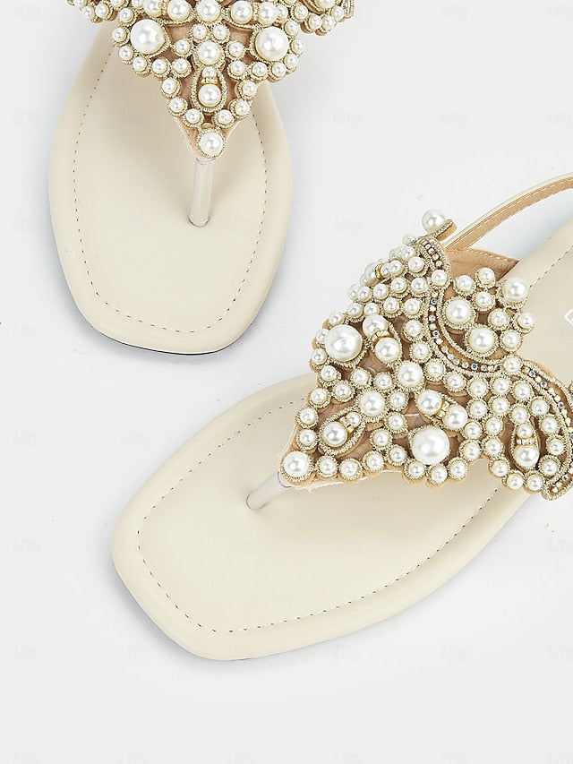 Flat T-Strap Elegant Pearl-Embellished Women's – Sandals