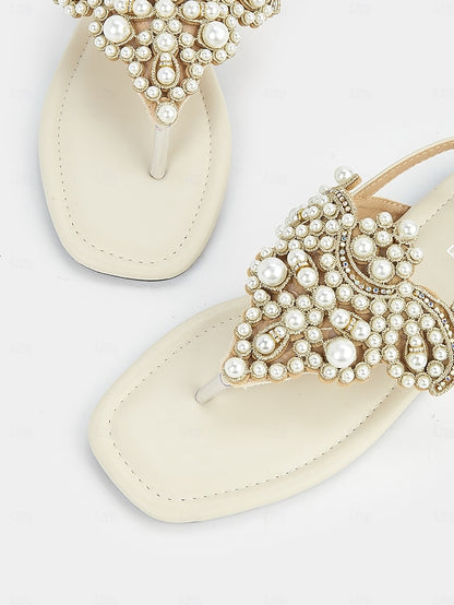 Flat T-Strap Elegant Pearl-Embellished Women's – Sandals