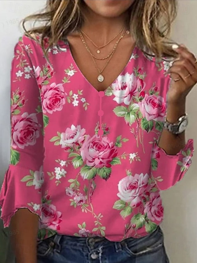 Women's T Shirt Henley Shirt Buttons Print Ombre Floral