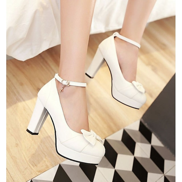 – Detail Women's with White Bow Heels Elegant Chunky
