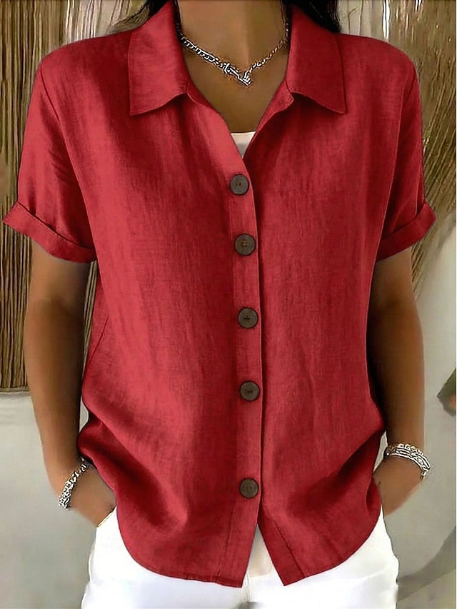 Women's Blouse Buttons Solid Color Stylish Casual Short
