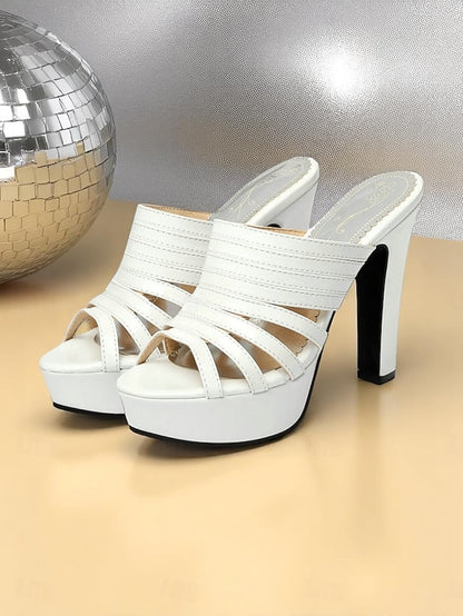 Mule Platform Women's Heels White Strappy - Open-Toe