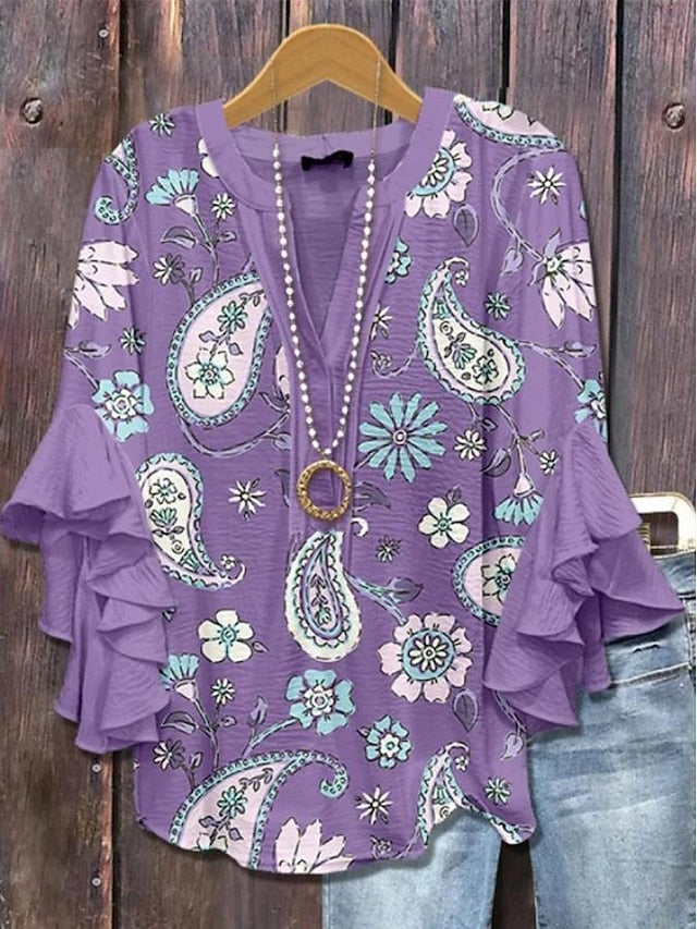 Women's Blouse V Neck Layered Ruffle Sleeve Tops Floral