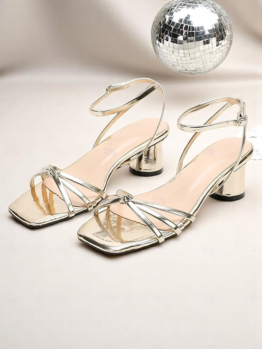 – Strap Gold Shiny Metallic Block Ankle Heels Women's