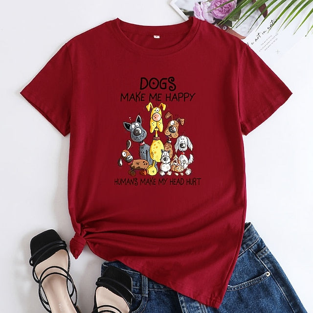 Women's T shirt Tee 100% Cotton Dog Short Sleeve Daily