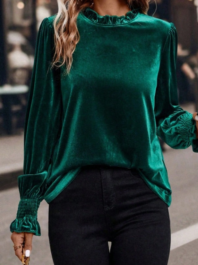 Women's Velvet Elegant Dressy Blouse Ruched Plain Vintage