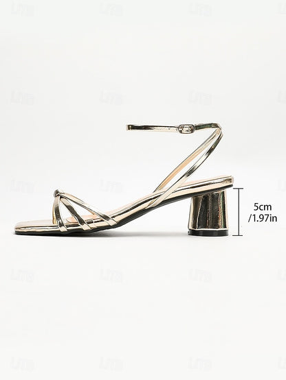Heels Women's Metallic Gold Shiny Block Ankle – Strap