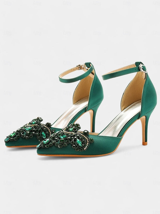 Green Pointed Heels Satin Emerald – Strap Women's Ankle