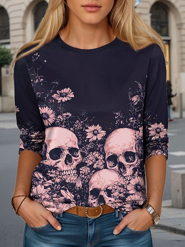 Women's T Shirt Skulls Crew Neck Long Sleeve Tunic Graphic