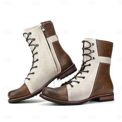 Two-Tone Mid-Calf Men's Faux Boots Vintage Leather Lace-Up