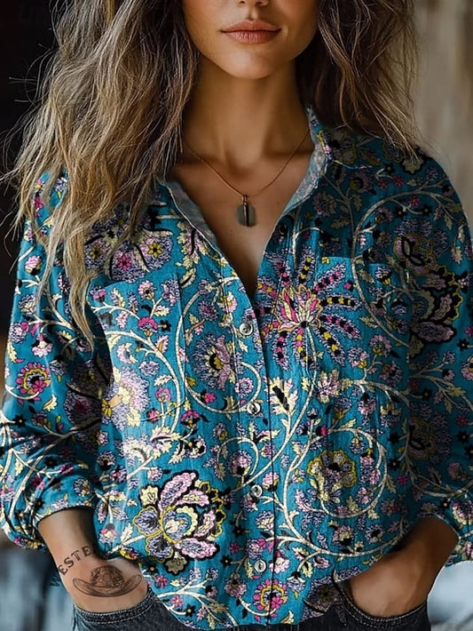 Women's Shirt Floral Retro Vintage Ethnic Long Sleeve Shirt